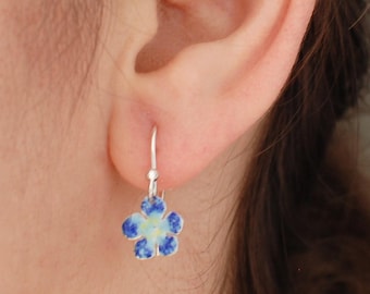 May include: A pair of silver earrings with a blue and white flower design.
