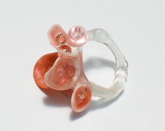 pink aura ring statement ring, shells, epoxy and zirconia crystals