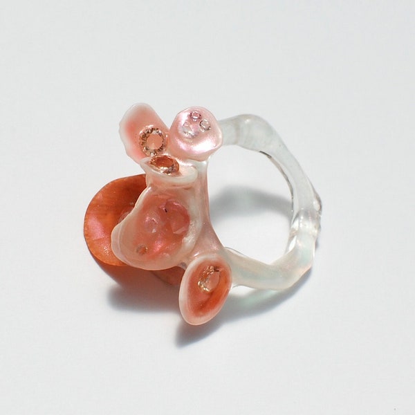 pink aura ring statement ring, shells, epoxy and zirconia crystals