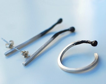 ENSEMBLE de bijoux en allumettes, bague et boucles d'oreilles, argent ou plaqué or
