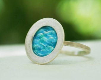 sea circle ring, ocean ring, blue enamel ring