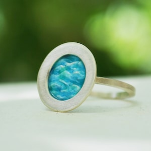 sea circle ring, ocean ring, blue enamel ring