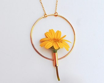 flower vessel pendant, flower holder, minimalist pendant, circle, geometric jewelry, silver or gold plated