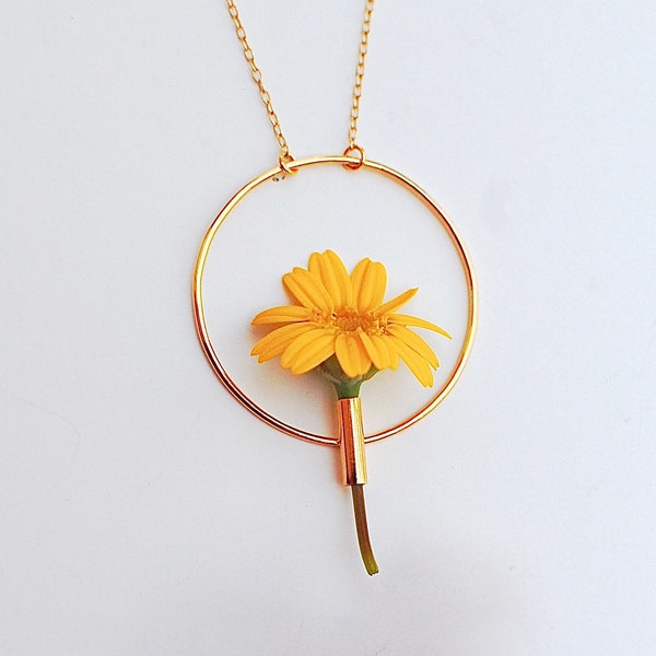 flower vessel pendant, flower holder, minimalist pendant, circle, geometric jewelry, silver or gold plated