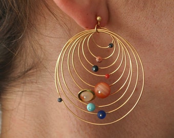 dangle solar system earrings, gold plated