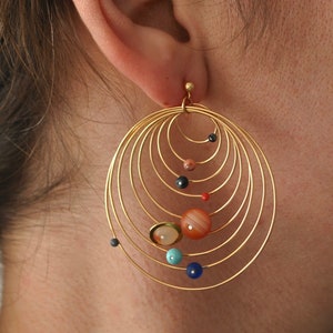 dangle solar system earrings, gold plated