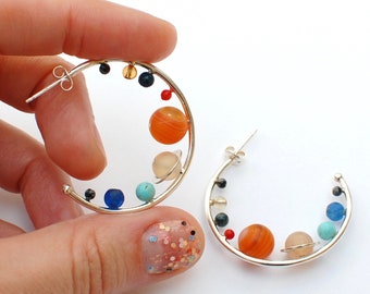 solar system hoop earrings, sterling silver and natural stones