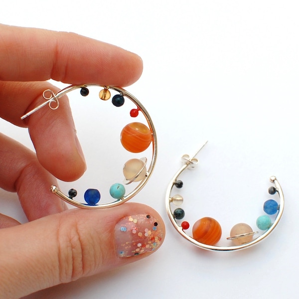 solar system hoop earrings, sterling silver and natural stones