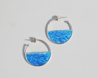 sea earrings, silver hoops, blue enamel earrings