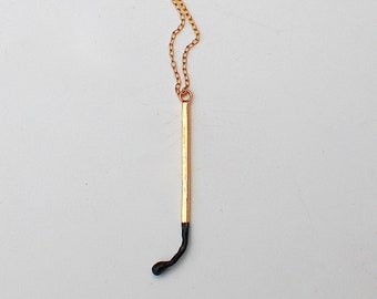 gold plated matchstick necklace, burnt matchstick, oxdized silver chain, matchstick pendant