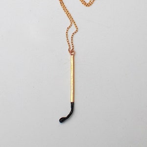 gold plated matchstick necklace, burnt matchstick, oxdized silver chain, matchstick pendant