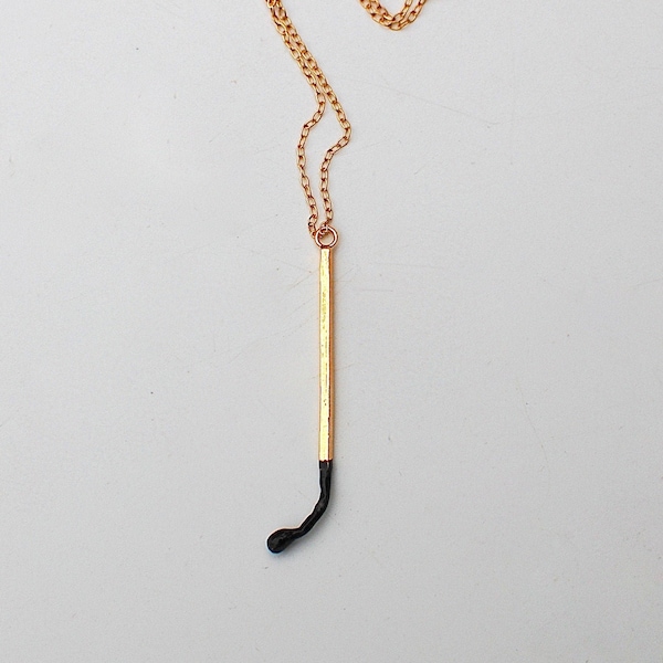 gold plated matchstick necklace, burnt matchstick, oxdized silver chain, matchstick pendant