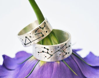 A pair of personalised constellation rings, wedding bands, space wedding bands