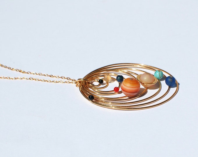 dangle solar system necklace, gold plated pendant on a chain