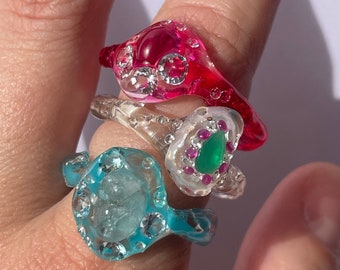 aquamarine, ruby and emerald jelly rings, choose one