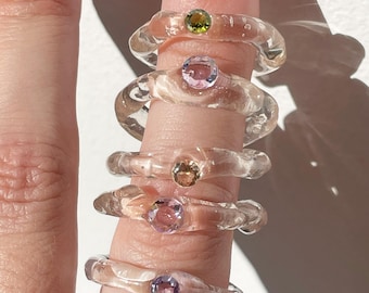 Invisible Rings Set · Clear Resin Rings with Zirconia Crystals · Transparent Statement Jewelry