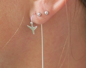 silver airplane earrings, unique minimal design