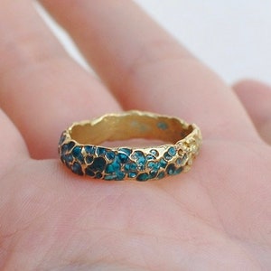 underwater ring, narrow band, texturized, one of a kind, barnacle, coral, turquoise enamel, silver or brass