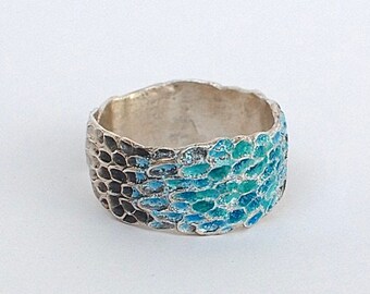 underwater ring, wide band, texturized, one of a kind, barnacle, coral, turquoise enamel