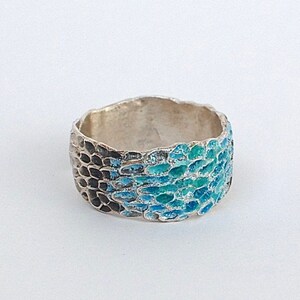 underwater ring, wide band, texturized, one of a kind, barnacle, coral, turquoise enamel