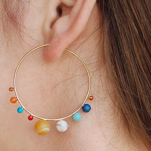 gold plated solar system hoop earrings, celestial jewelry, space inspired