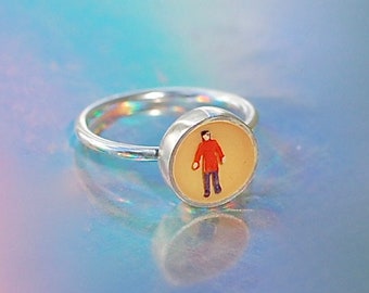 Sterling Silver Isolation Ring, Miniature Hand-Painted Person, Fun Jewelry