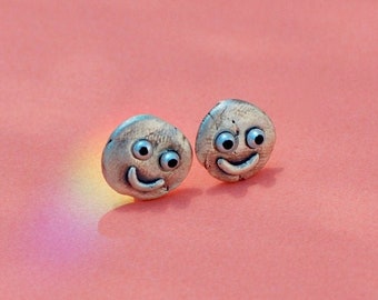 smiley earrings, ear studs, fun earrings, silver and pearls