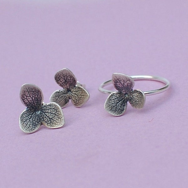 hydrangea SET, ring and earrings, flower jewelry