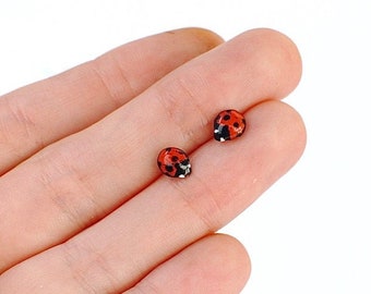 May include: A pair of ladybug earrings, one red ladybug with black spots and one black ladybug with red spots.