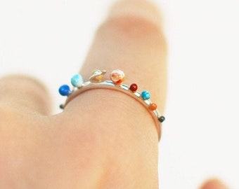 Anillo de plata con mini sistema solar, planetas, cosmos, galaxia, joyería friki