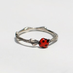 ladybug on a twig, silver ring
