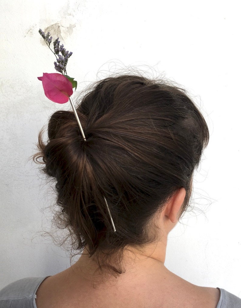 vase hair stick, sterling silver hair pin, flower holder, bridal hair pin image 1