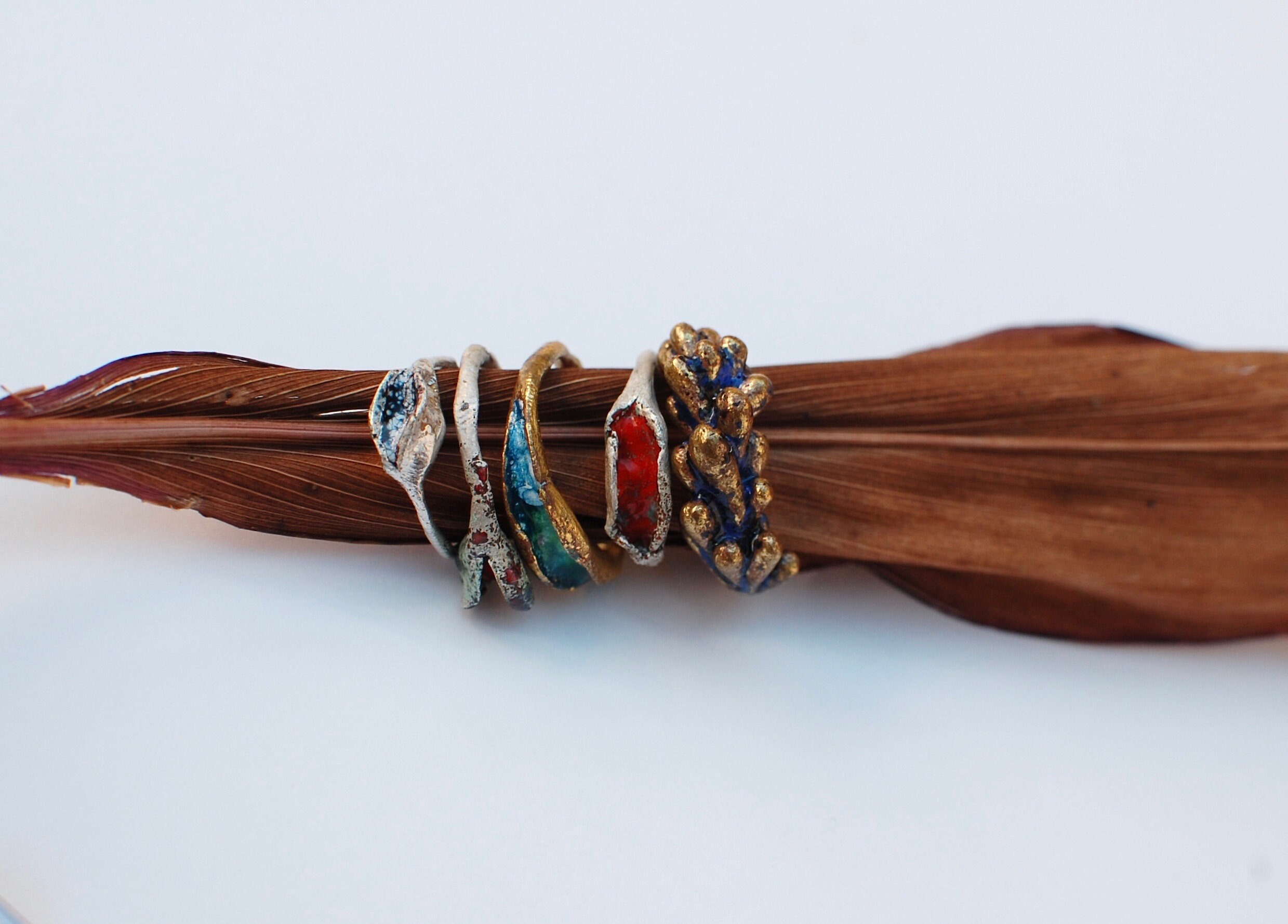wound rings, sterling silver, brass and enamel