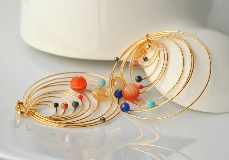 dangle solar system earrings, gold plated image 2