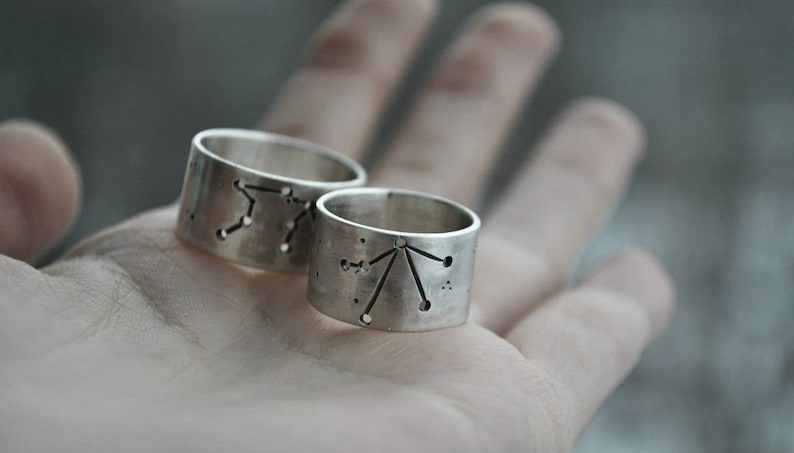 A pair of personalised constellation rings, wedding bands, space wedding bands image 2