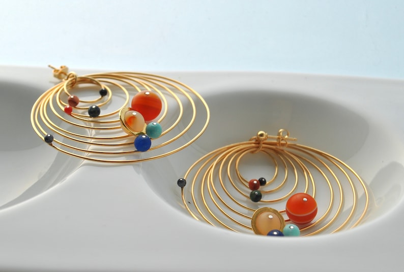 dangle solar system earrings, gold plated image 8