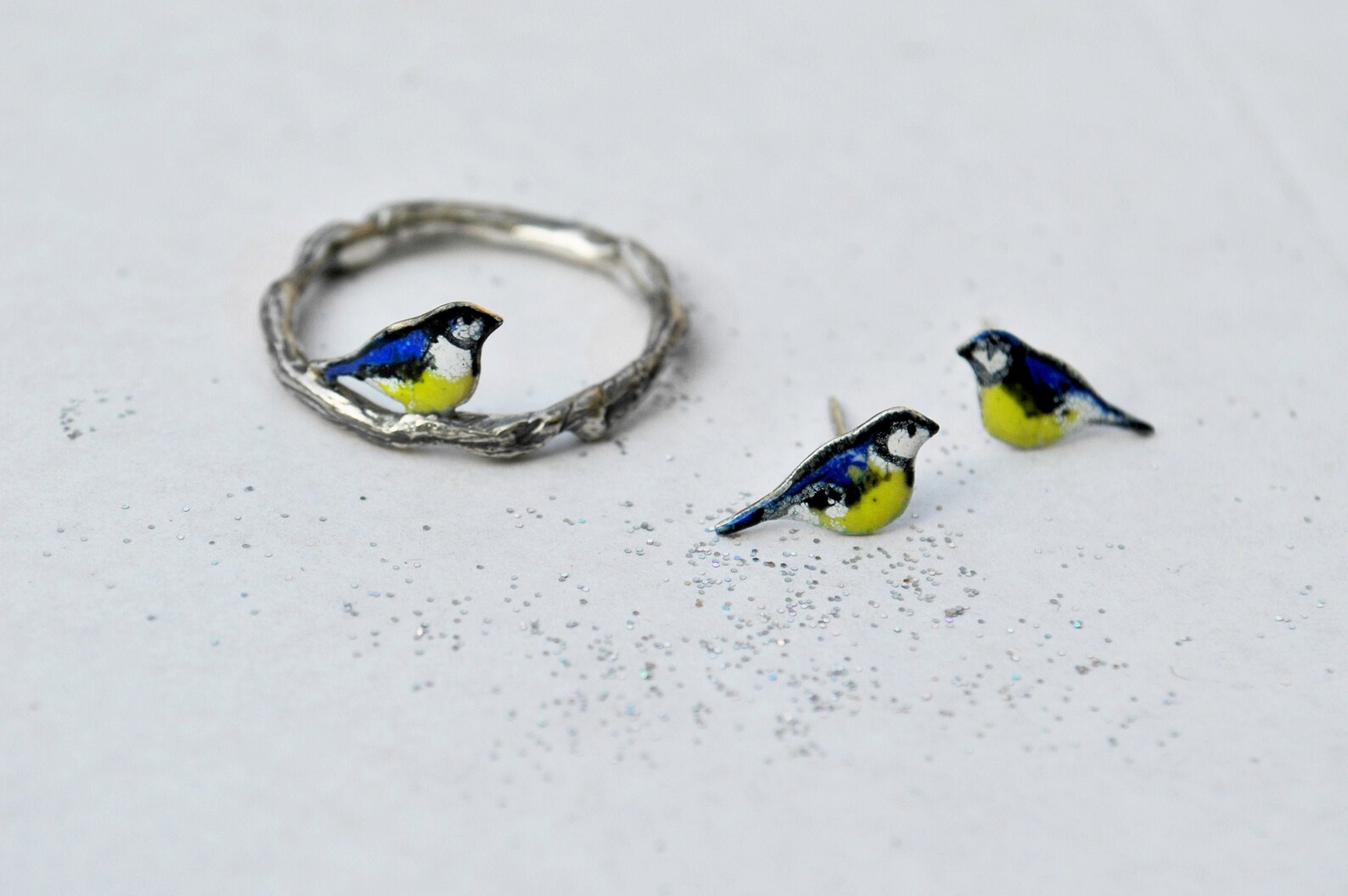 Bird Jewelry Set Enamel Bird Bird on the Twig Ring End Etsy