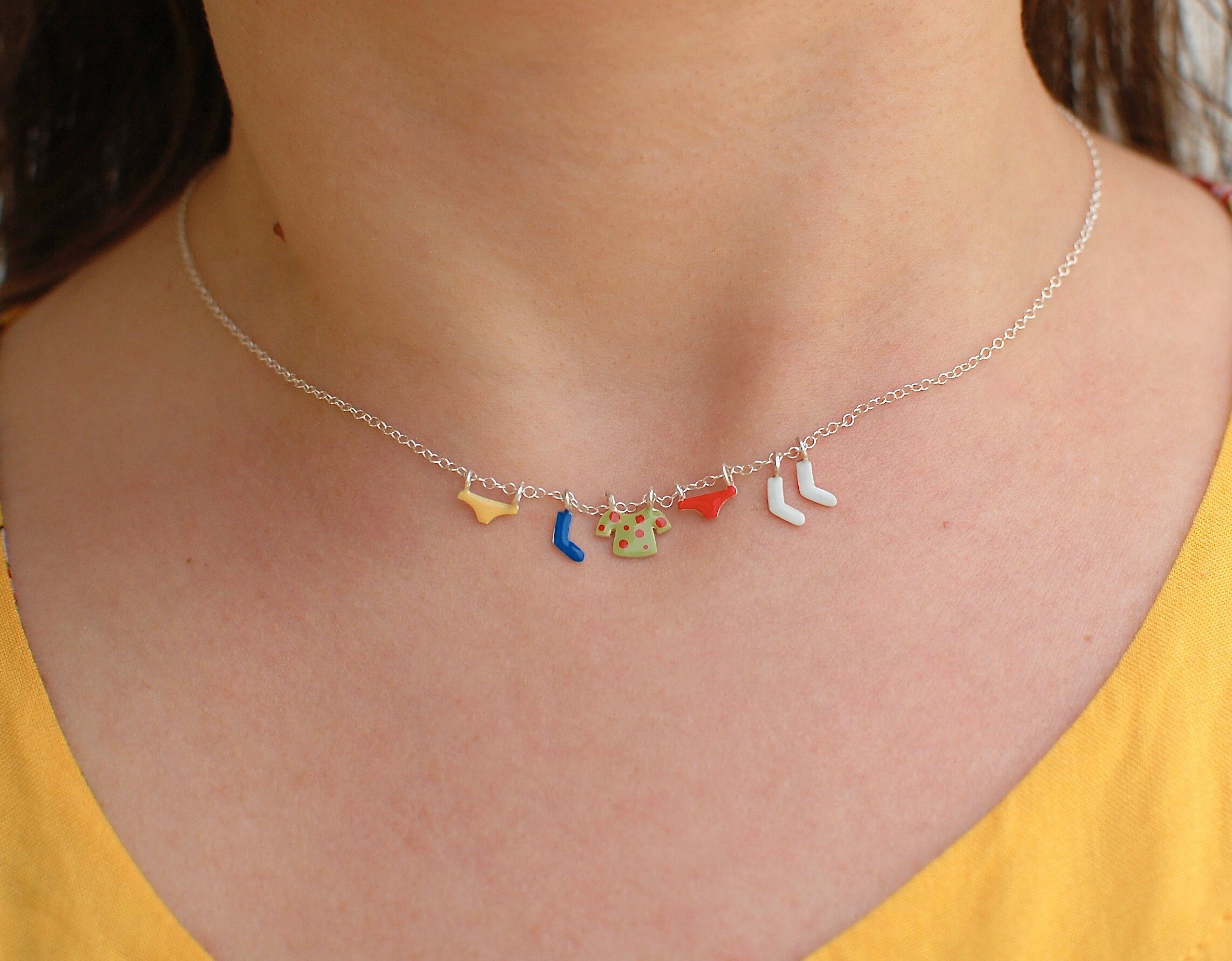 laundry necklace, sterling silver necklace on a chain, colorful enamel charms, fun jewelry