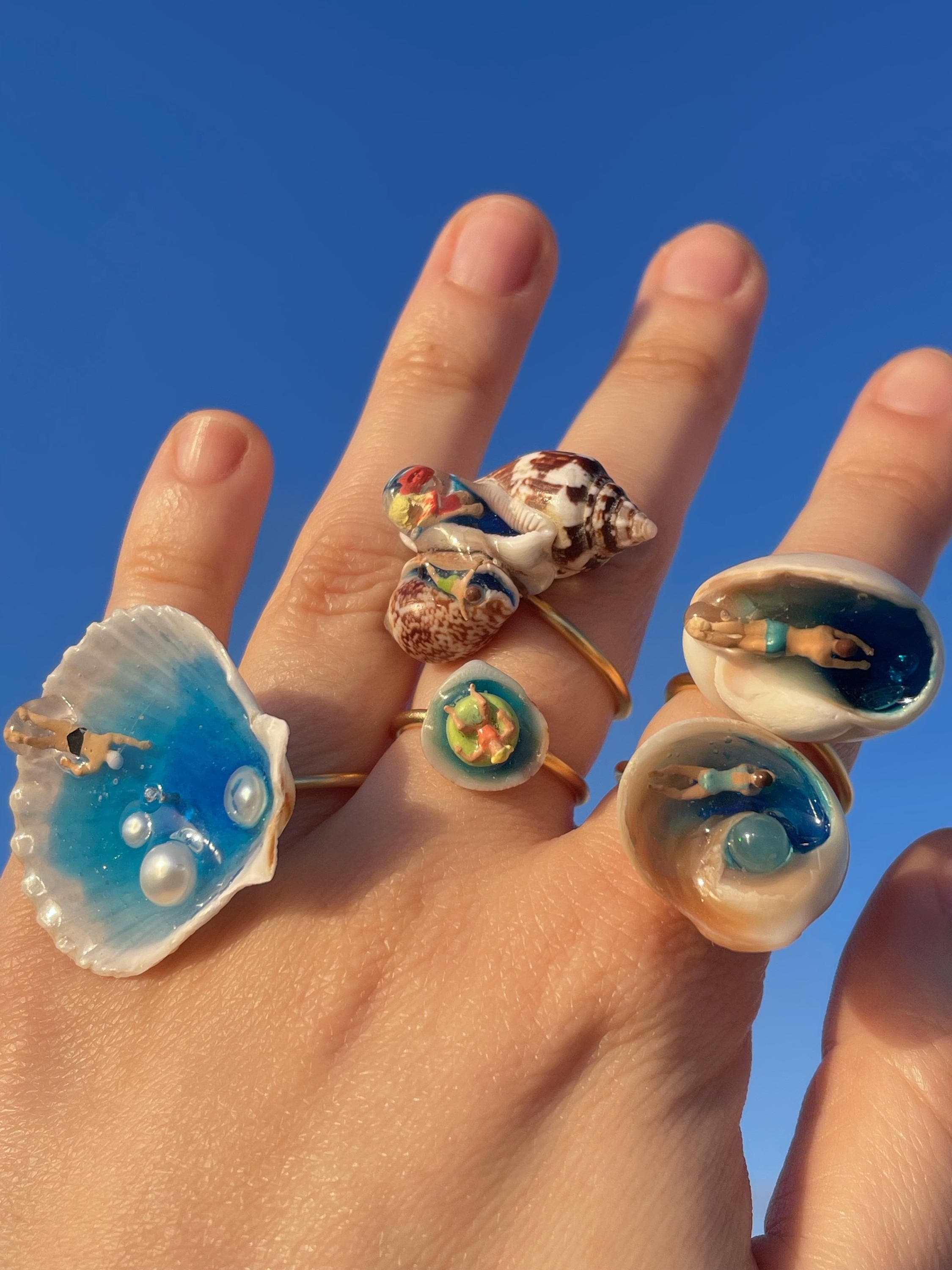 swimmers statement ring collection, choose one, miniature people, sea, ocean rings, shell rings, transparent blue rings