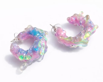 Opal Glow Resin Hoop Earrings, Iridescent Pink & Blue Statement Hoops