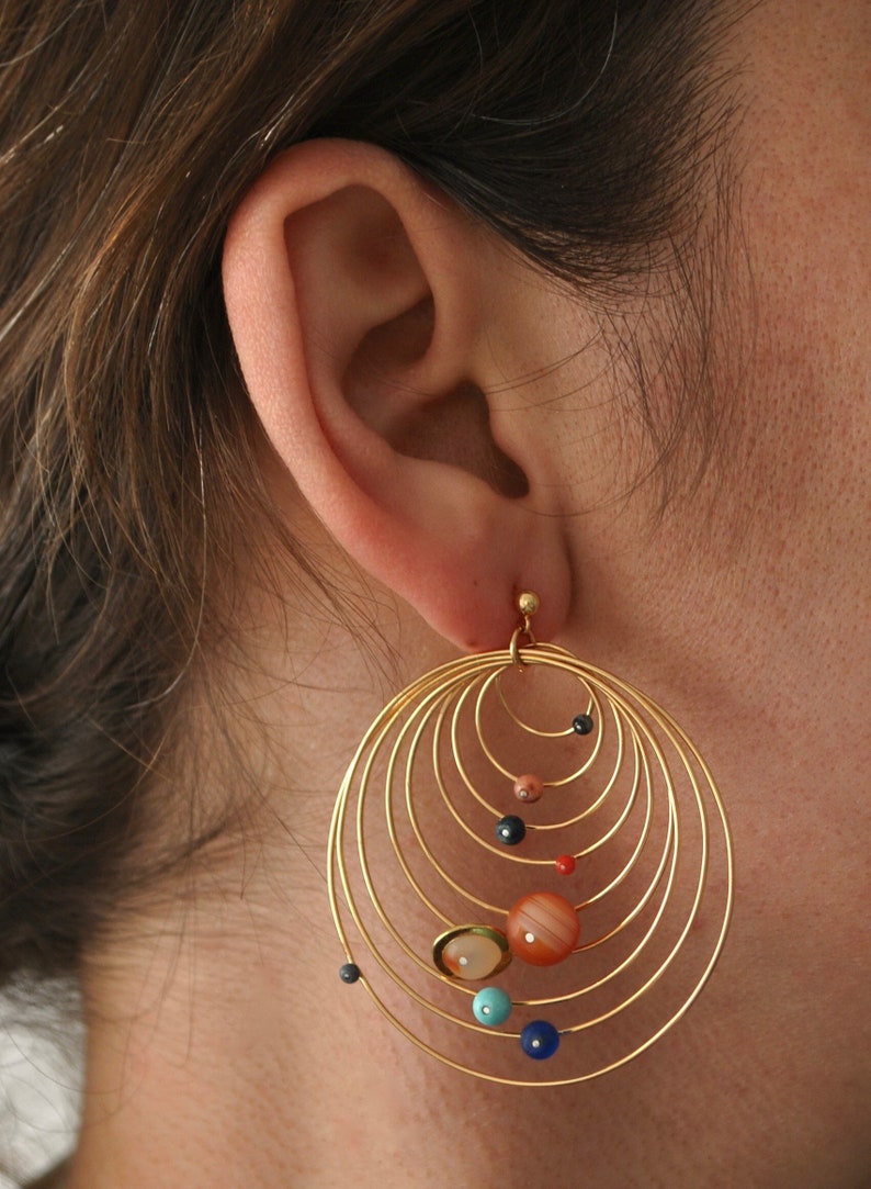 dangle solar system earrings, gold plated image 1