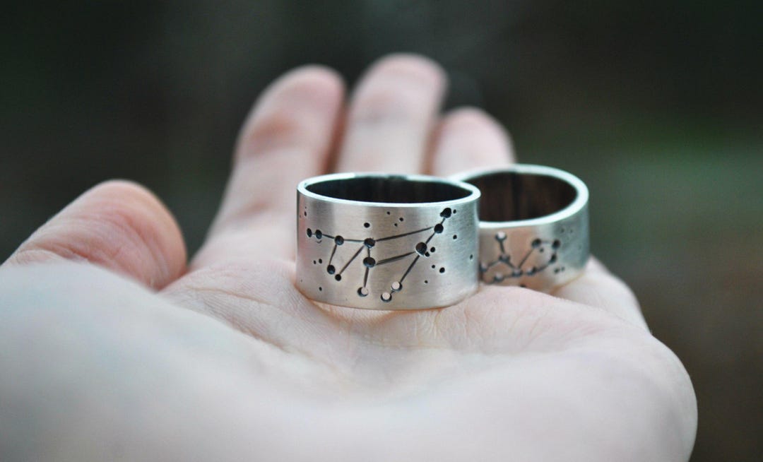 A Pair of Personalized Constellation Silver Rings, Space Wedding Bands ...
