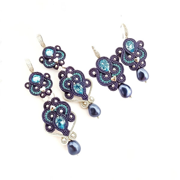 Blue dangle soutache earrings with crystals