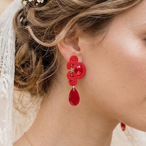 Red Soutache Earrings: Christmas Teardrop Crystal Festive Jewelry