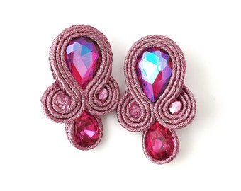 Soutache earrings, colorful earrings, clip on earrings, tiny stud earrings, crystal earrings, boho chic earrings, small earrings