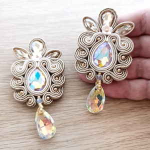 Golden Soutache Statement Earrings: Boho Crystal Dangle