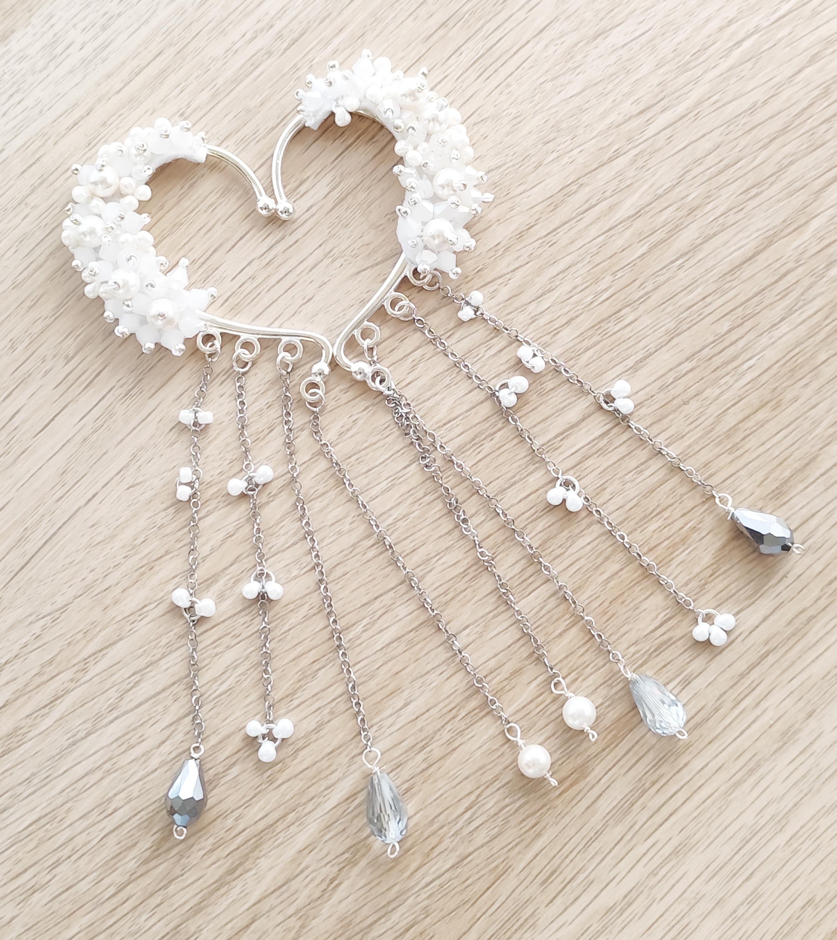 Bridal Pearl Ear Cuffs With Crystals – Handmade Wedding 