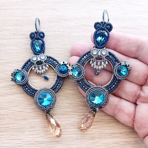 Soutache Owl Earrings: Blue Crystal & Beaded Artisan Jewelry