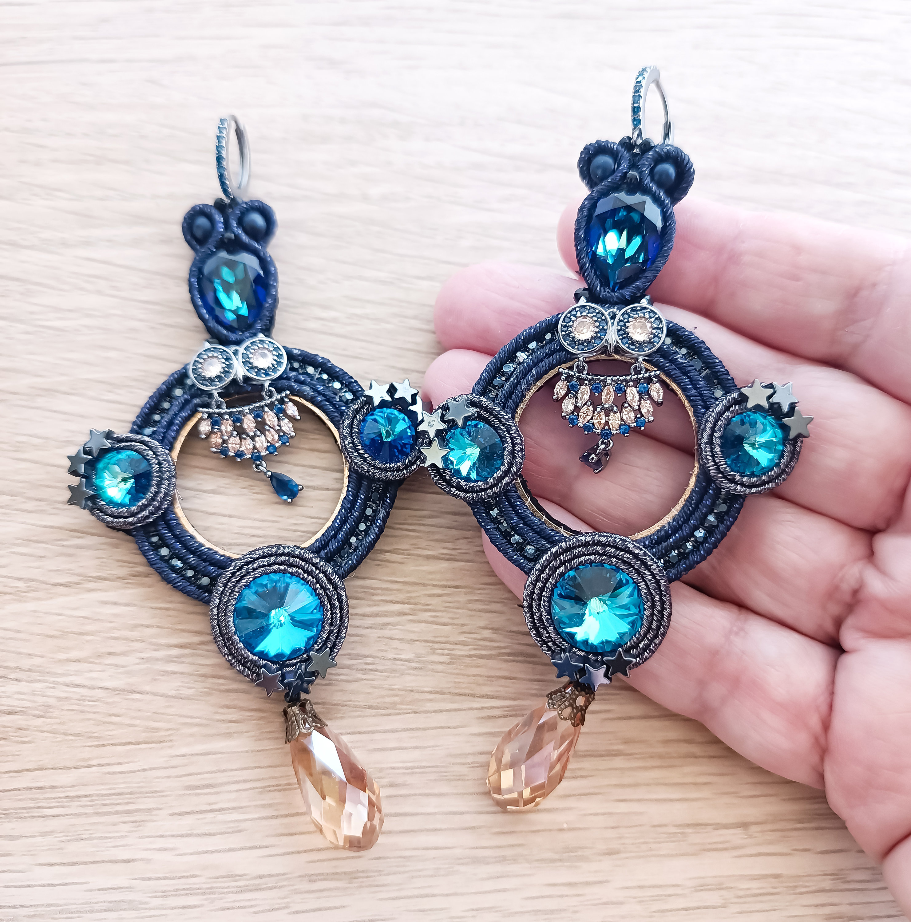 Soutache Owl Earrings: Blue Crystal & Beaded Artisan Jewelry