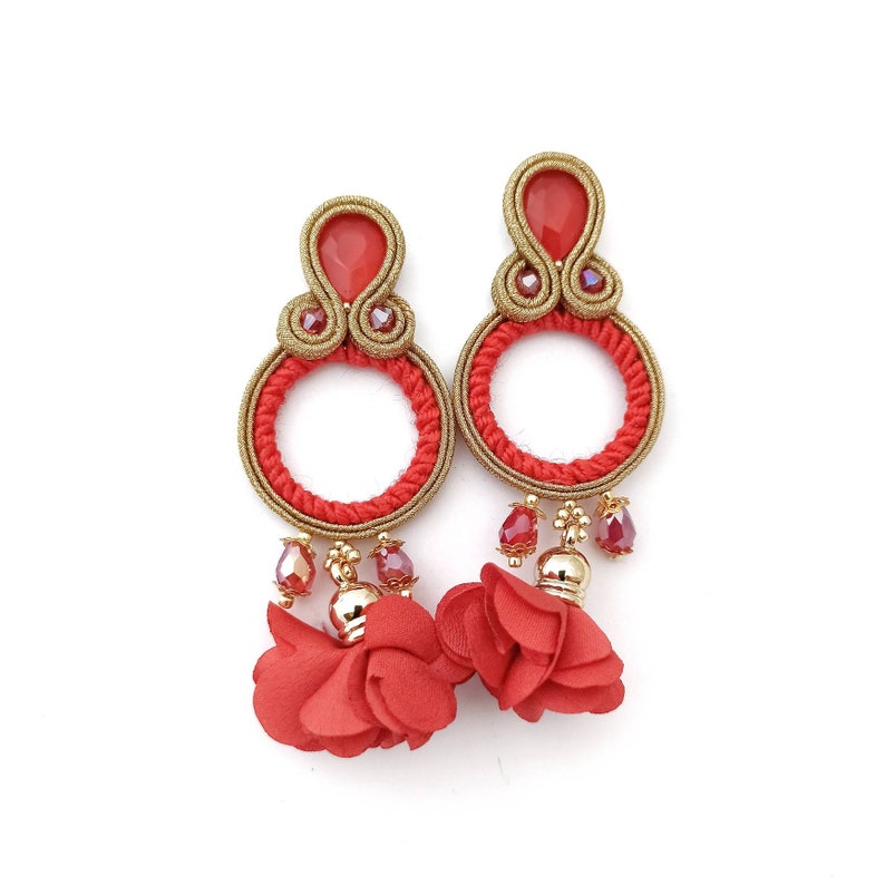 red soutache earrings hoop earrings red red tassel earrings flower tassel red hoop earrings hoop earrings gold hoop clip on earrings